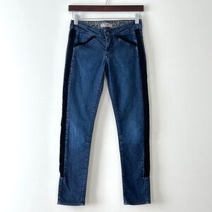 Paige Blue Denim & Black Velvet Skinny Jeans Size 24